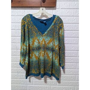 TeeCo Women's Teal & Tan Baroque Pattern V-Neck 3/4 Length Sleeve Tee Shirt Size